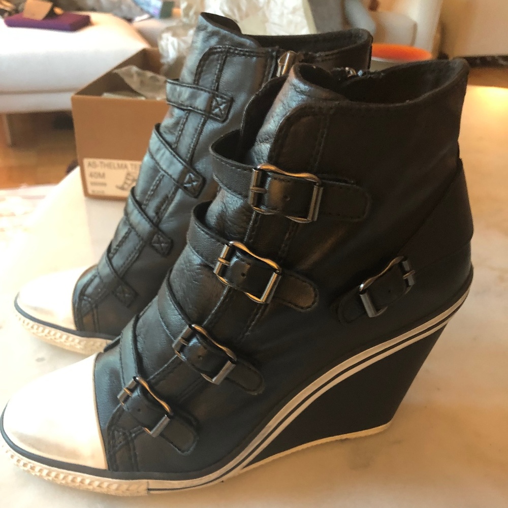 Ash Thelma Black Leather Wedge Sneakers NWT Sz 40